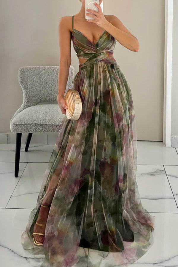 Elegantiška Maxi Suknelė su Nėriniu ir Rožių Spauda