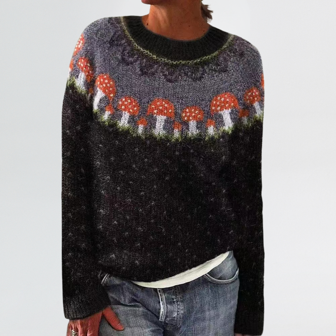 Sigrid | Retro Islandijos Grybo Yoke Megztinis" can be rewritten as:
"Sigrid | Vintage Icelandic Mushroom Yoke Sweater