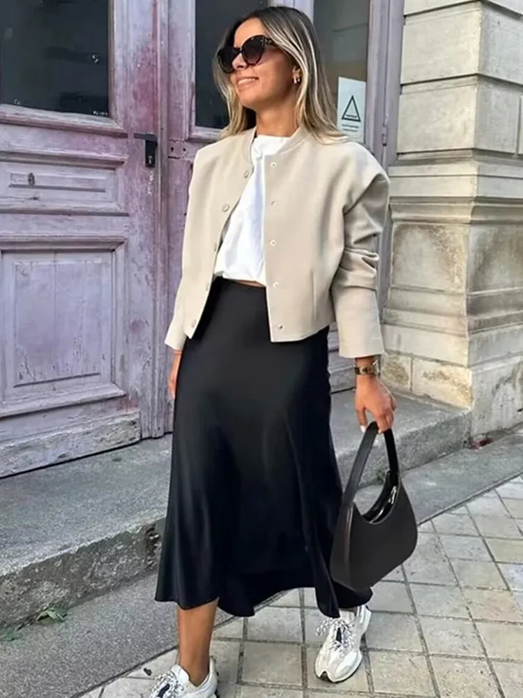 Drew | Patikrintas satino midi sijonas su elegantišku dizainu