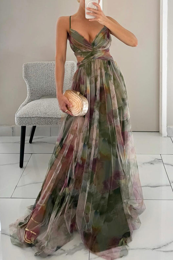 Elegantiška Maxi Suknelė su Nėriniu ir Rožių Spauda