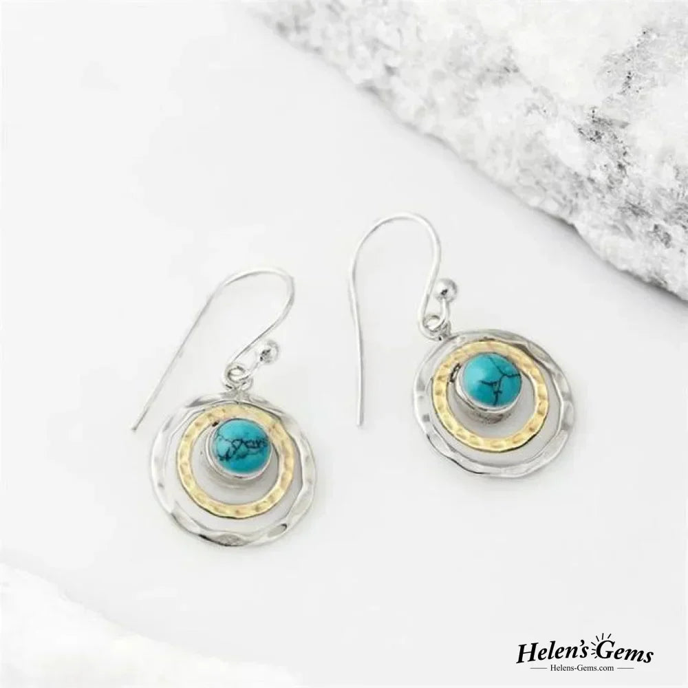 Bohemian Saturn Earrings with Turquoise Stone in Silver and Gold